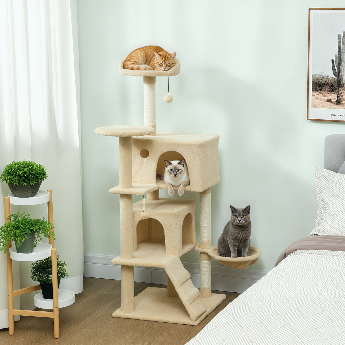 PawHut Cat Tree, 140 cm Tall, with 2 Cat Houses, Hammock, Bed and Sisal Posts, Beige