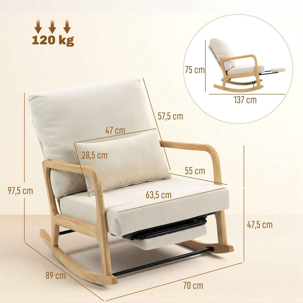HOMCOM Corduroy Rocking Chair with Footrest, Reclining Backrest, Scandinavian Style, Cream