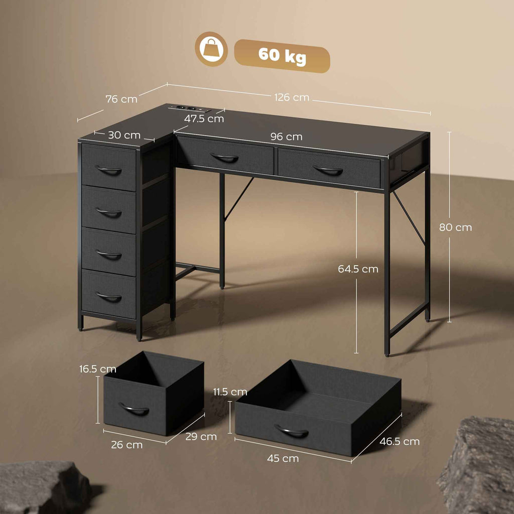 Corner Desk with 6 Drawers, Side Hook and Integrated Sockets, Wood and Steel, 126x48x80 cm, Black