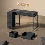 Corner Desk with 6 Drawers, Side Hook and Integrated Sockets, Wood and Steel, 126x48x80 cm, Black