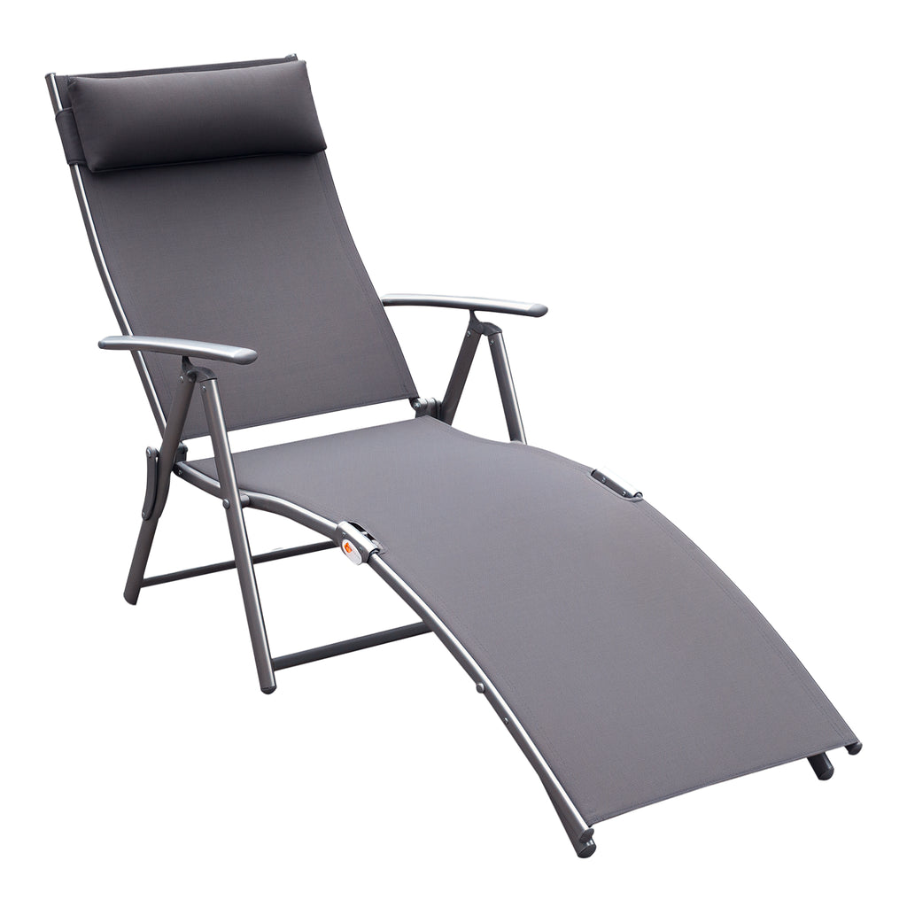 Outsunny Folding Garden Lounger with Cushion, 7-Reclining Backrest, 137x63.5x100.5cm, Grey