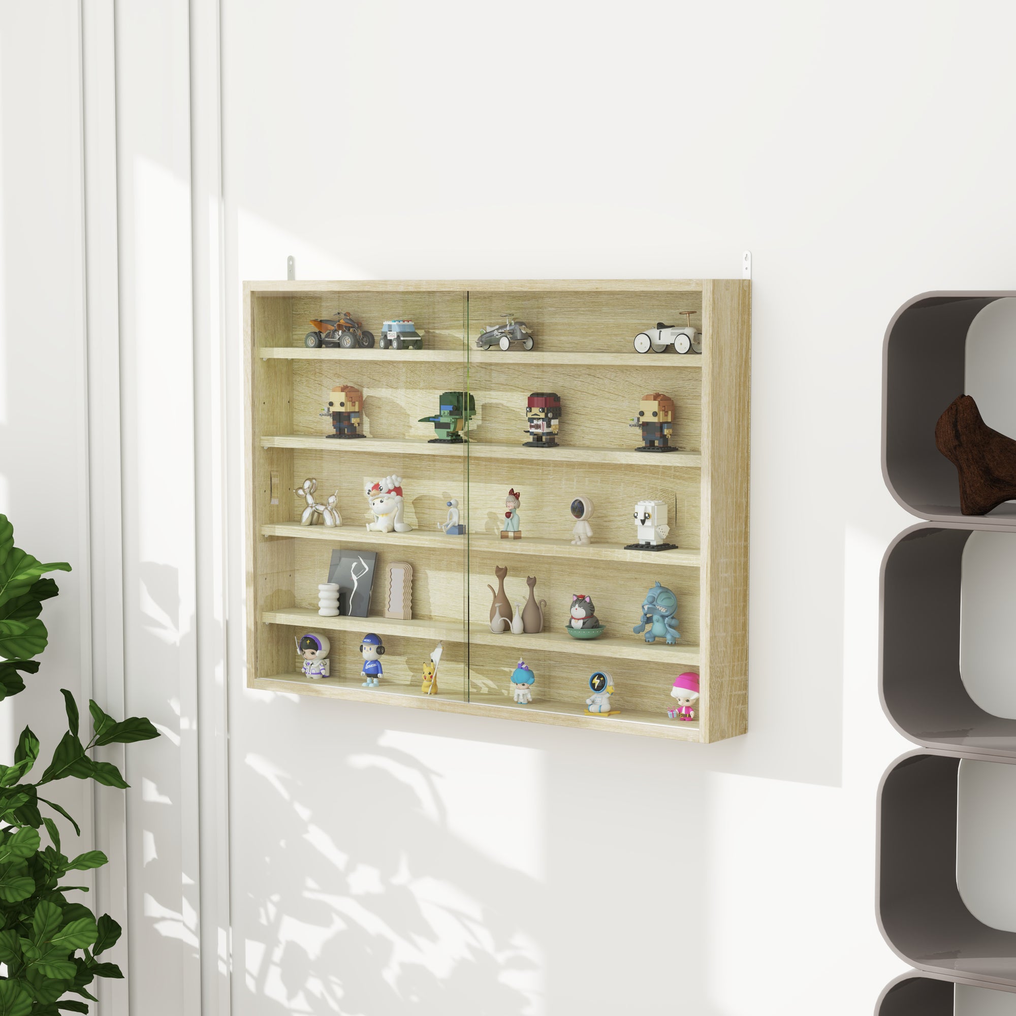 5-Tier Adjustable Wooden Notice Board with Glass Doors, 80x9.5x60 cm, Wood Color