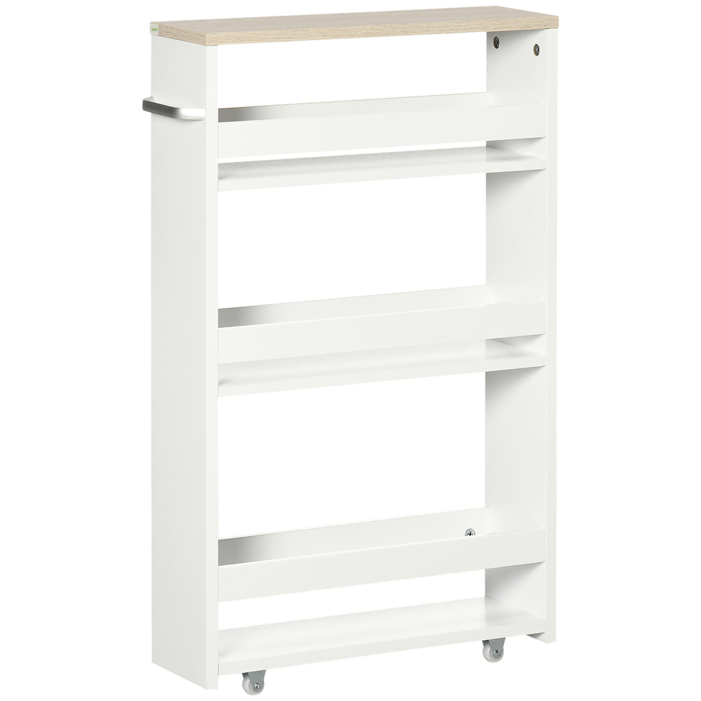 kleankin Space-Saving 3-Tier Bathroom Cart with Wheels and Wooden Handle, 48x15x80cm, White