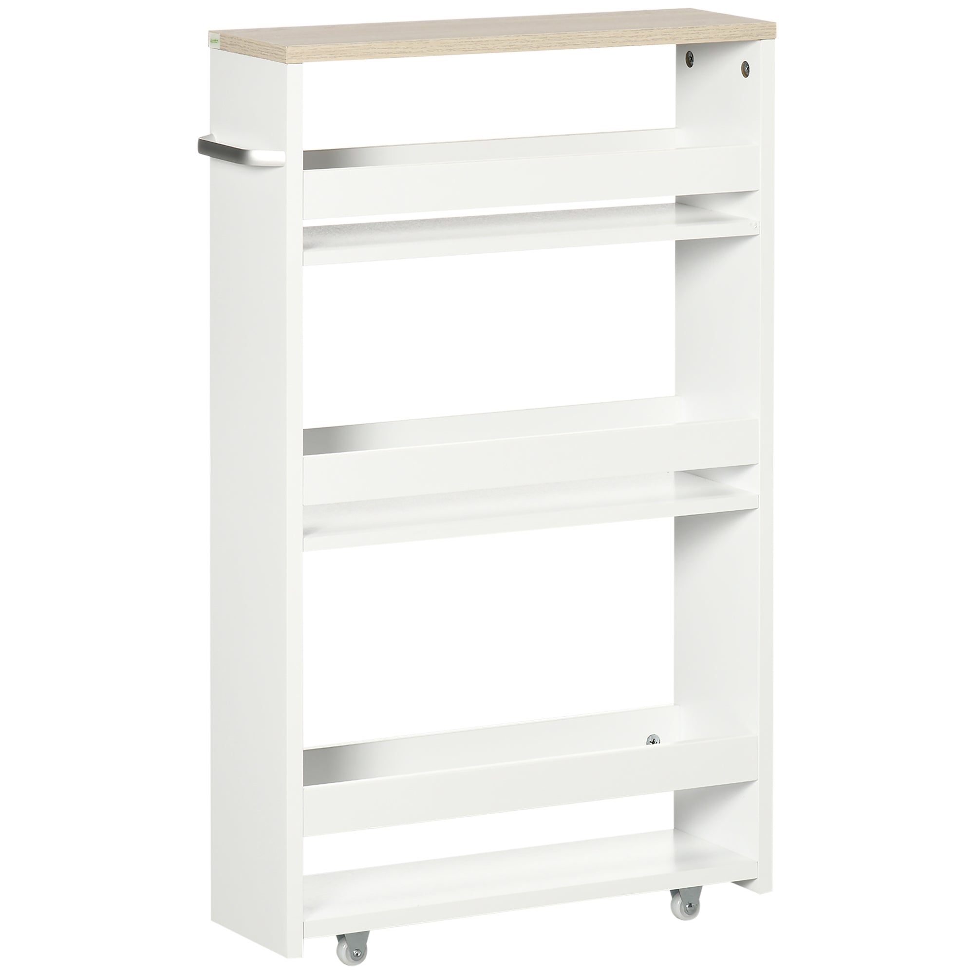 kleankin Space-Saving 3-Tier Bathroom Cart with Wheels and Wooden Handle, 48x15x80cm, White