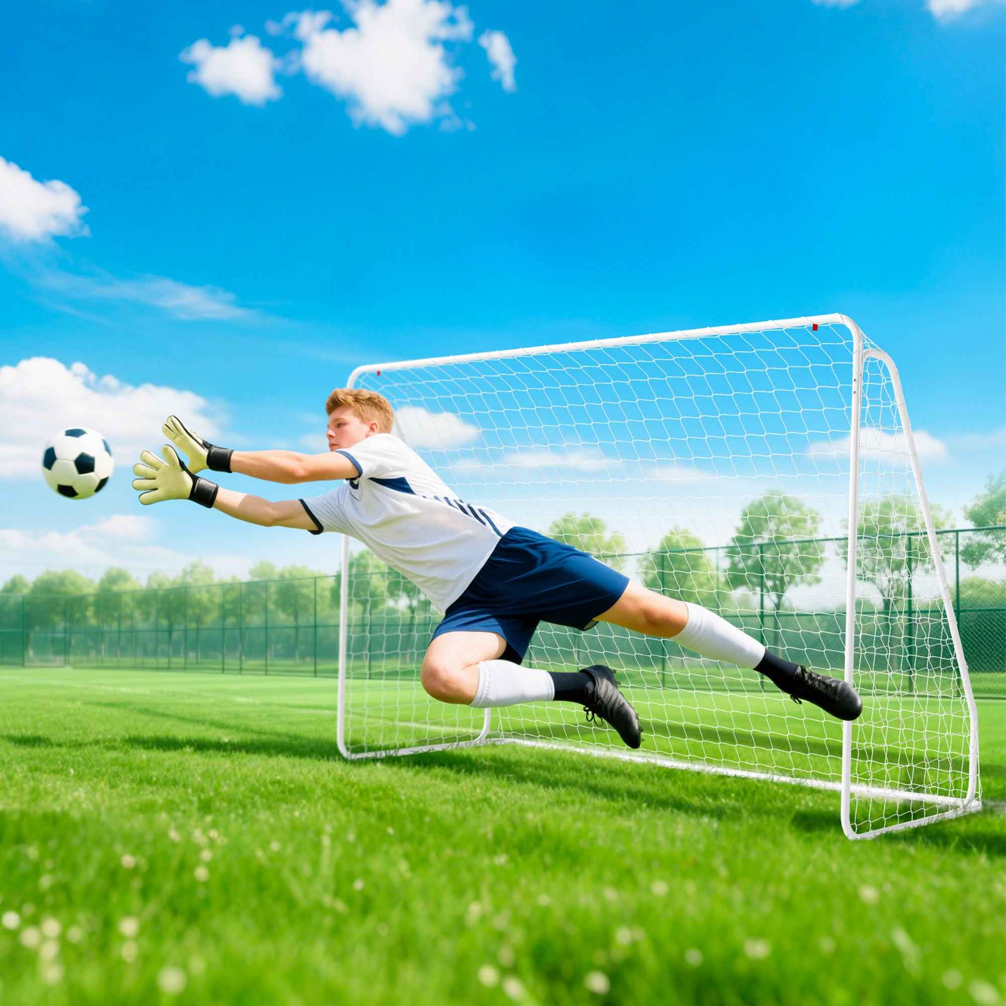 HOMCOM Football Goal for Garden and Park with 6 U-Shaped Pegs, in PE and Epoxy Metal, 301x120x200 cm, White
