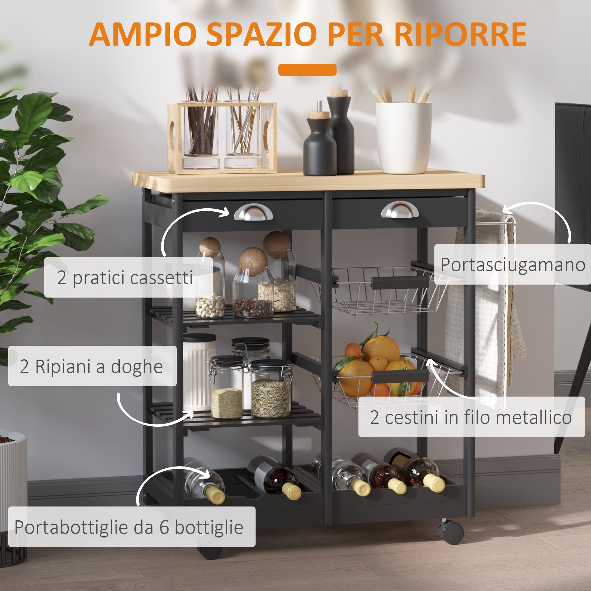 Kitchen trolley with drawers and wine bottle holder in wood and black - Borgè