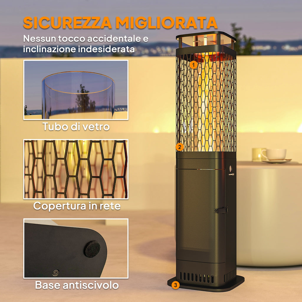 Outdoor Pellet Stove, 6.86 kW, Non-Slip Base, Glass Tube, and Metal Mesh, Black