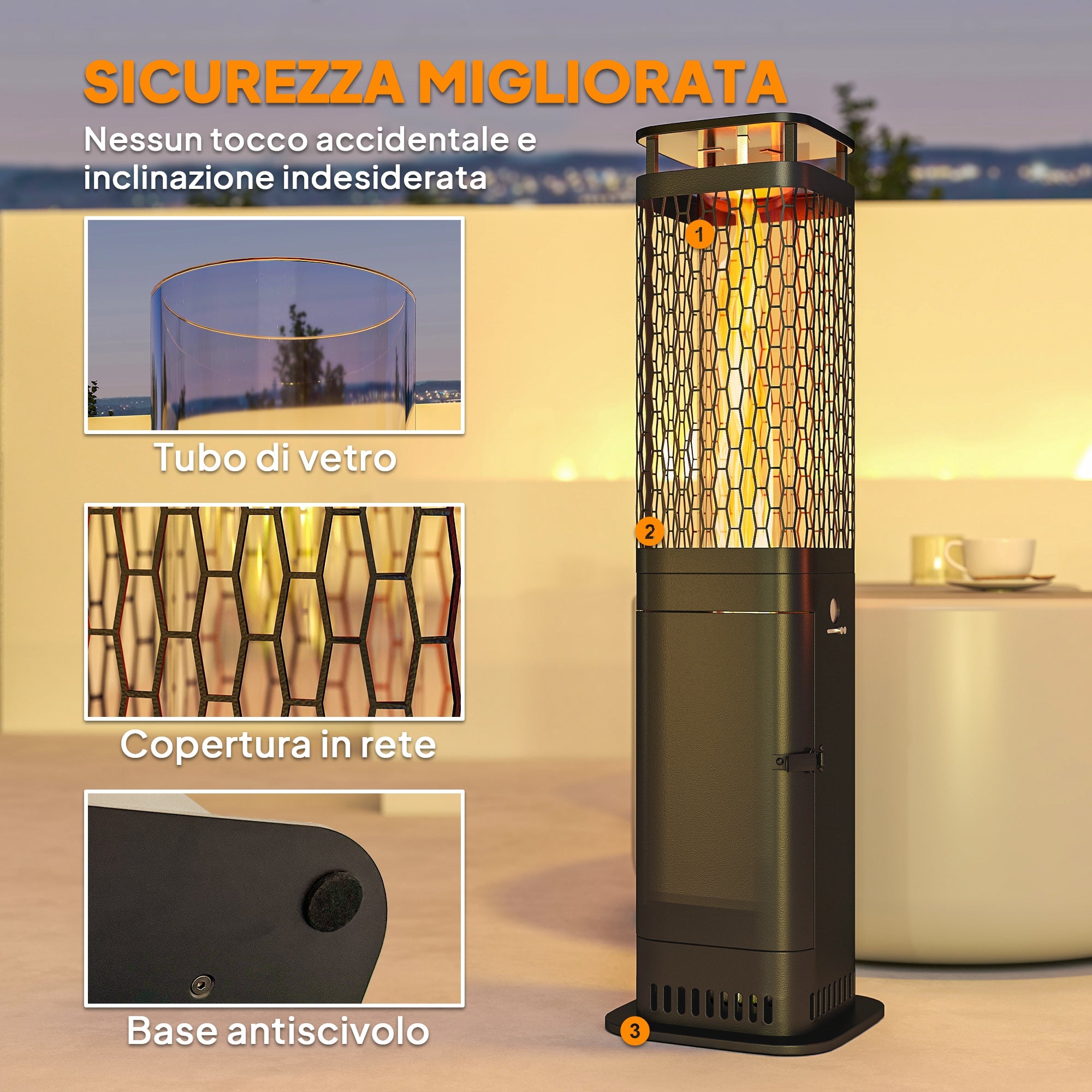 Outdoor Pellet Stove, 6.86 kW, Non-Slip Base, Glass Tube, and Metal Mesh, Black