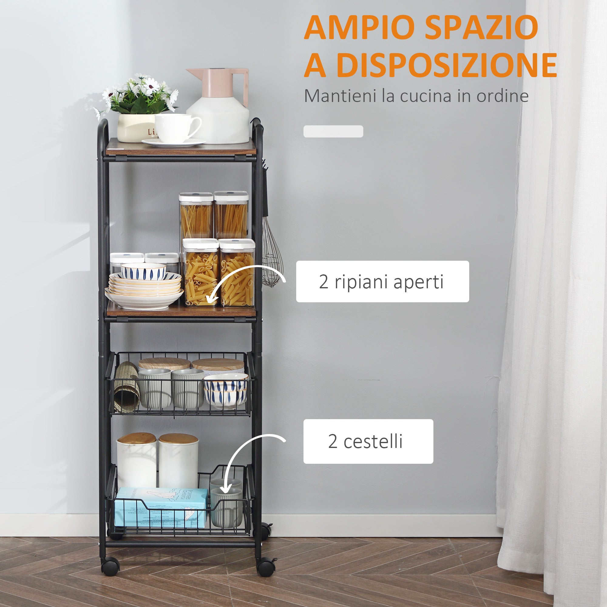 Kitchen trolley with 2 removable metal baskets, 2 chipboard shelves and side hooks, 40x38x111cm - Borgè