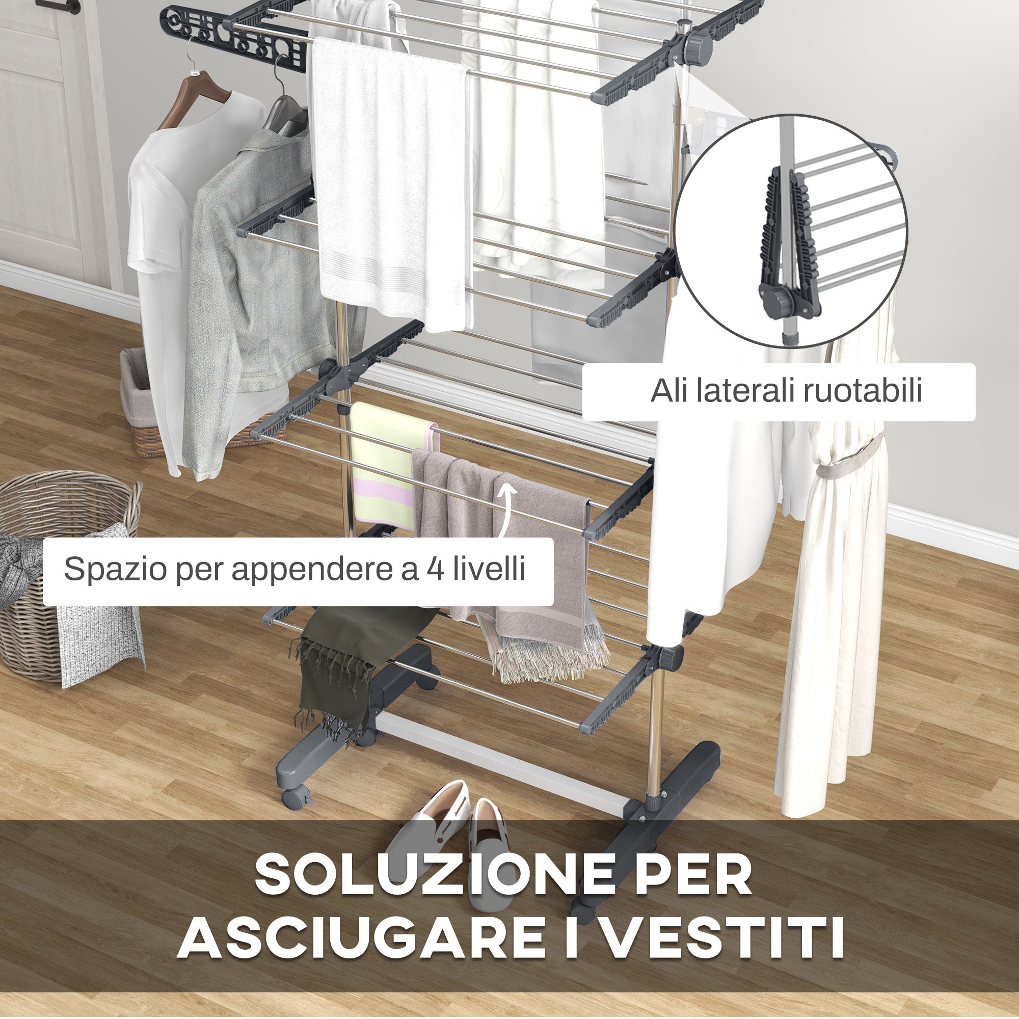 Vertical Drying Rack with 4 Adjustable Shelves, in Steel and Plastic, 142x55x172 cm, Grey and Silver