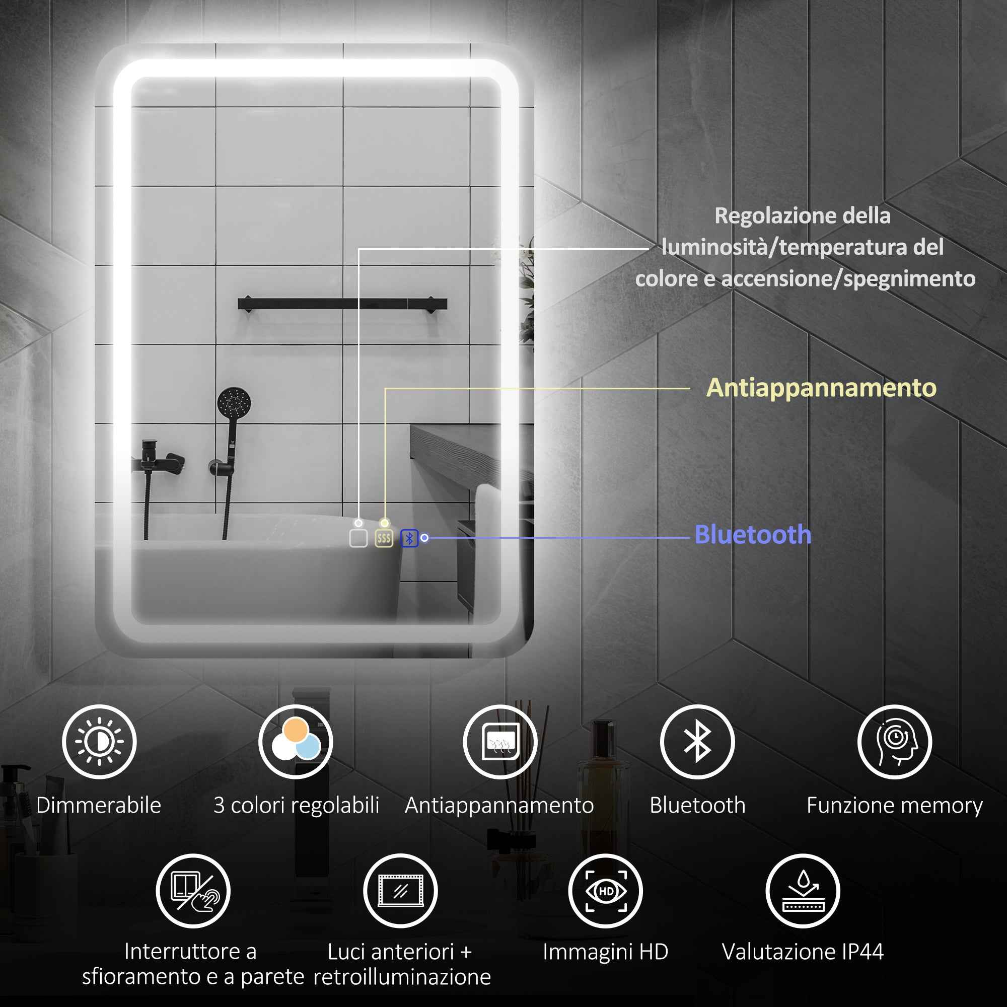HOMCOM LED Bathroom Mirror with Bluetooth, Adjustable Lighting and Memory Function, Tempered Glass, 70x50x3.5 cm