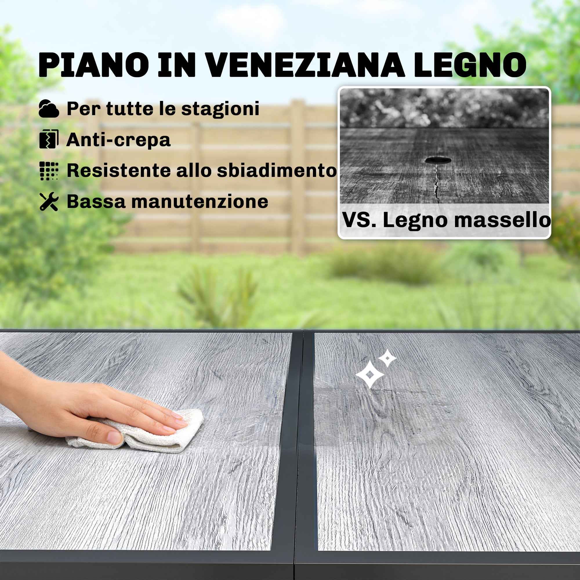 Outsunny Garden Table for 4-6 People with Wood-Effect Top, in Steel and PSPC Plastic, 150x80x74 cm, Grey and Black