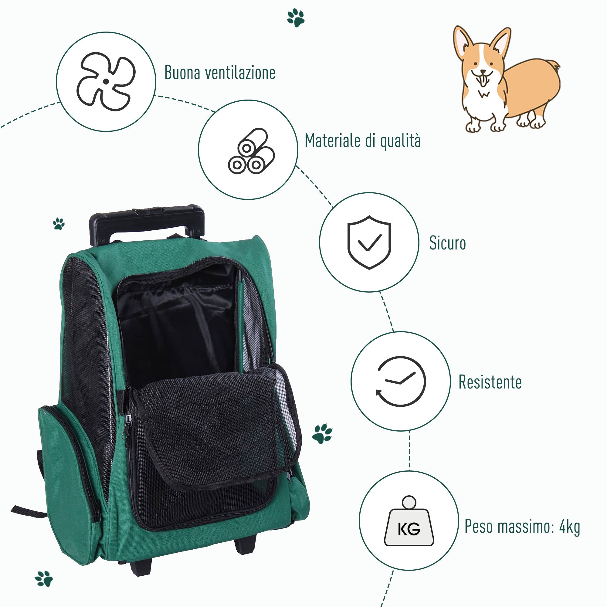 2-in-1 Pet Carrier Backpack for Dogs and Cats with Side Pockets, Telescopic Handle and Wheels, 42x25x55cm, Green