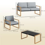 4 Piece Garden Set with 2 Armchairs, Sofa and Coffee Table, in Aluminum and Fiber, Gray and Wood Color