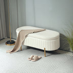 72L Oval Storage Bench with Lift-Top Lid, Velvet Fabric and Wood, 108x44x43.5 cm, Cream