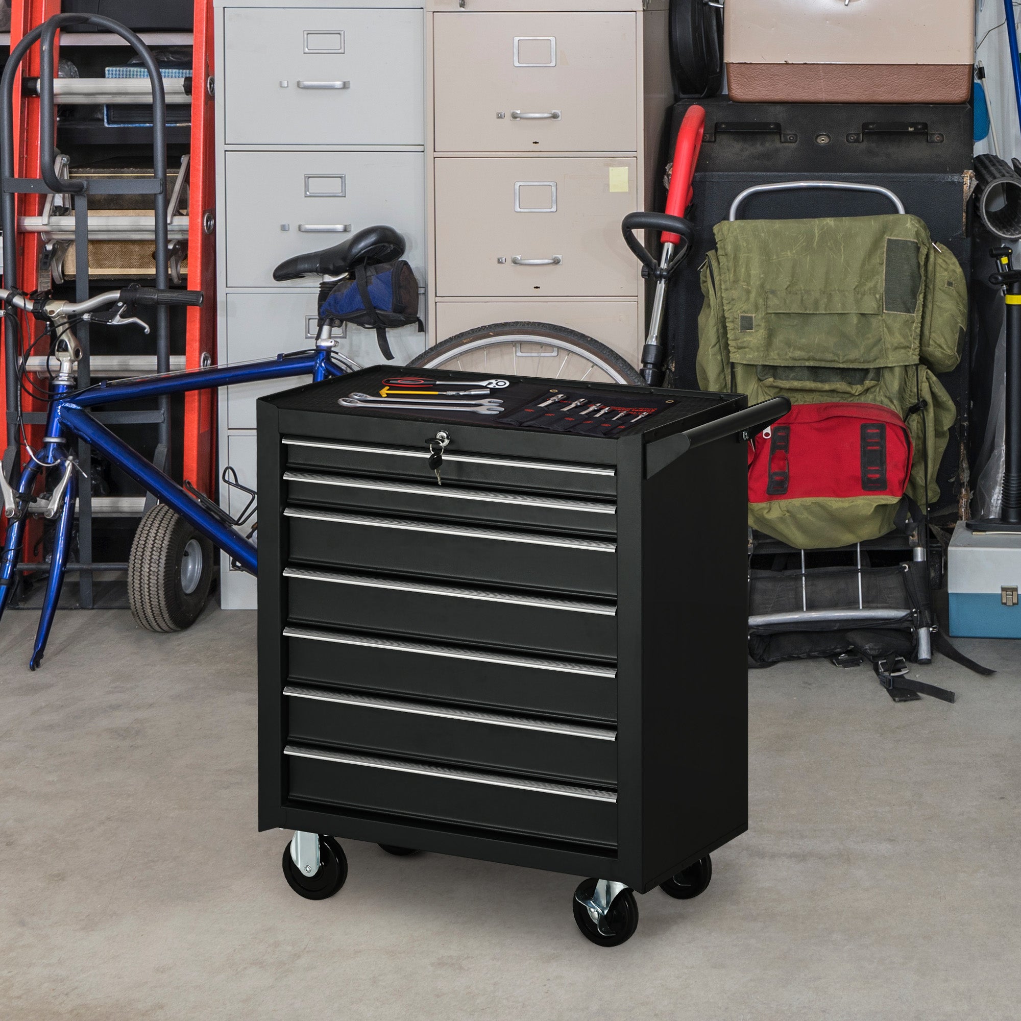 Workshop Trolley with 7 Drawers, Lock with Keys, Wheels and Handle, 69x33x75cm, Black