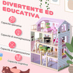 4-Story Dollhouse for Children Ages 3+, Pine Wood and MDF, with 13 Accessories, Pink, 60x30x80 cm