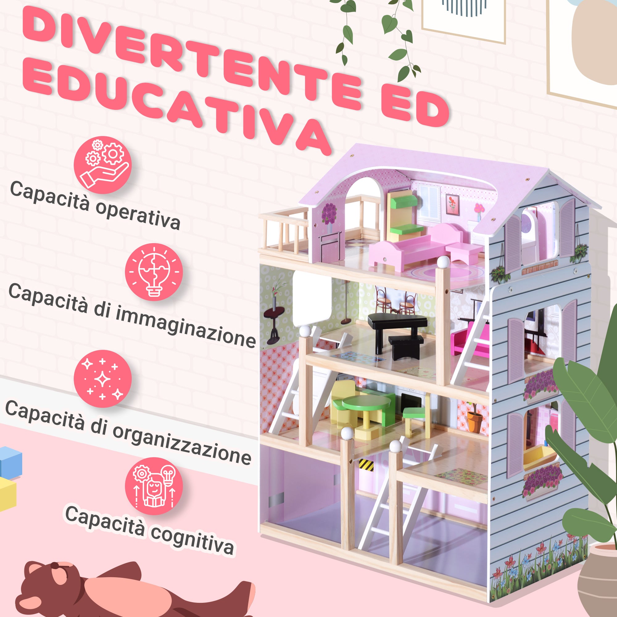4-Story Dollhouse for Children Ages 3+, Pine Wood and MDF, with 13 Accessories, Pink, 60x30x80 cm