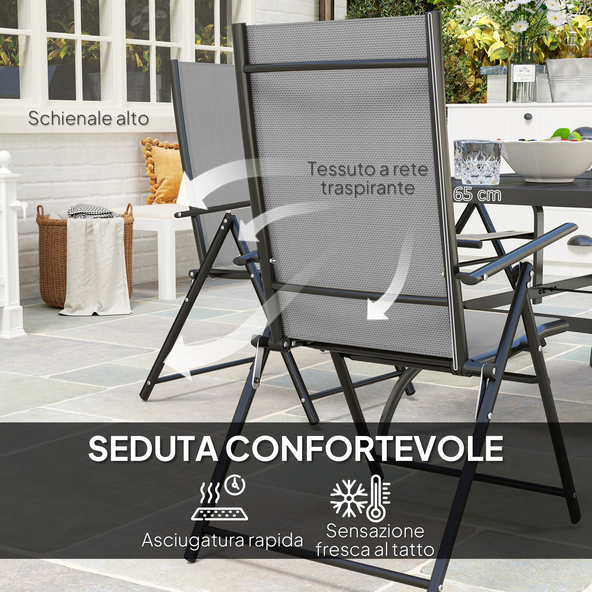 7-Piece Garden Set with Dining Table with Umbrella Hole and 6 Folding Chairs, Gray
