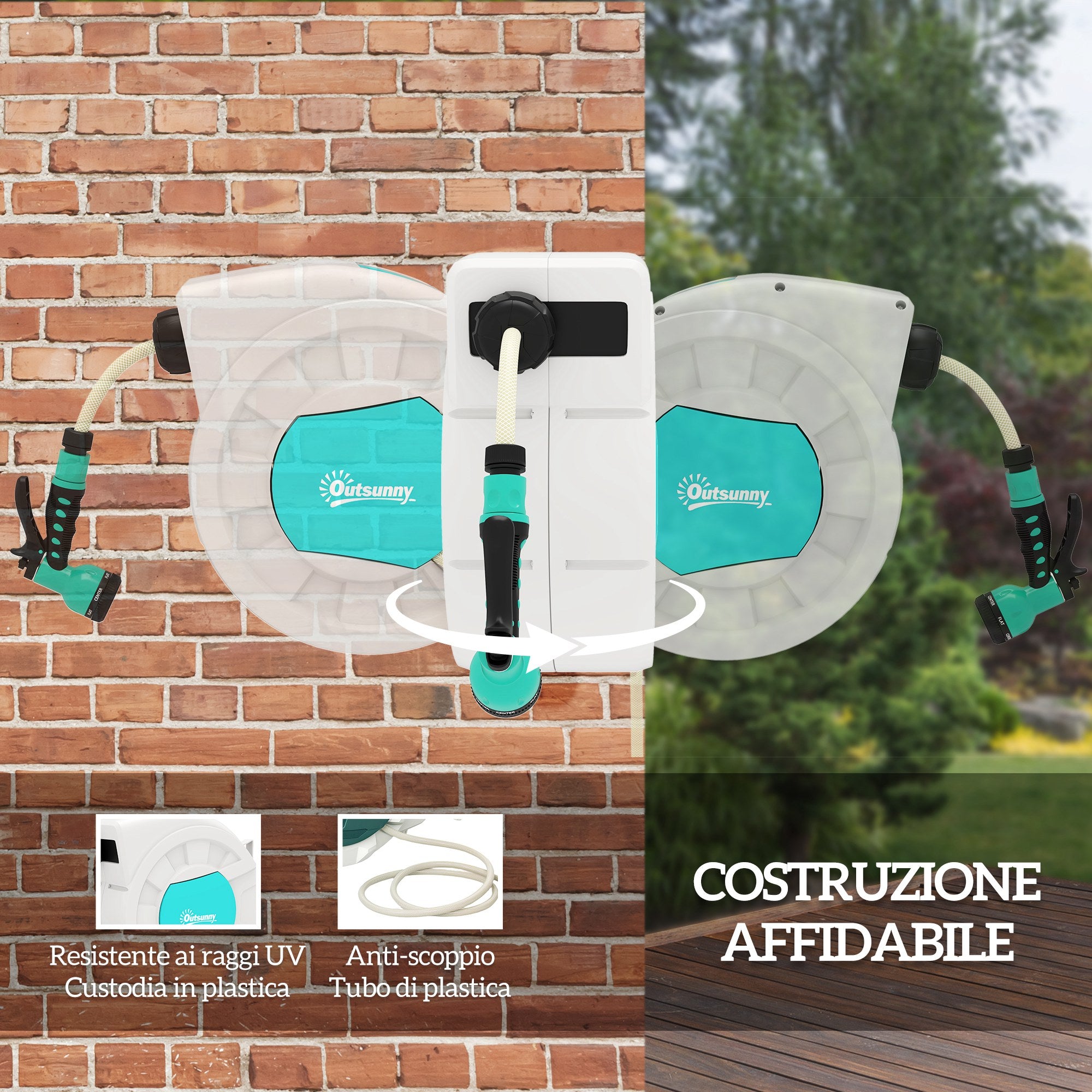 Outsunny Retractable Garden Hose Reel with 25+2m Water Hose and 7 Nozzles for Irrigation, Green and Light Grey