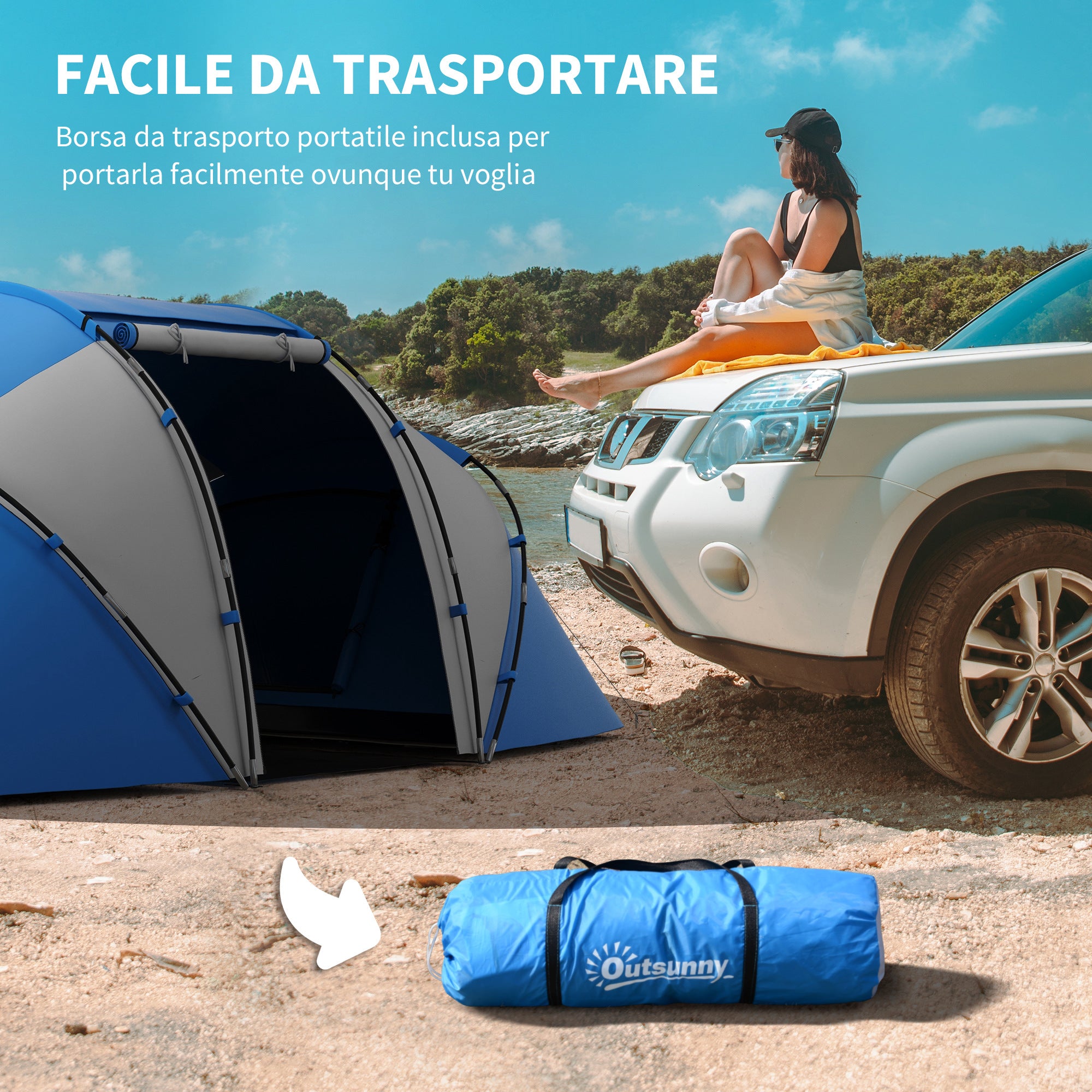 4-Person Camping Tent with 2 Sleeping Areas and Carry Bag, 430×240×170 cm, White and Blue