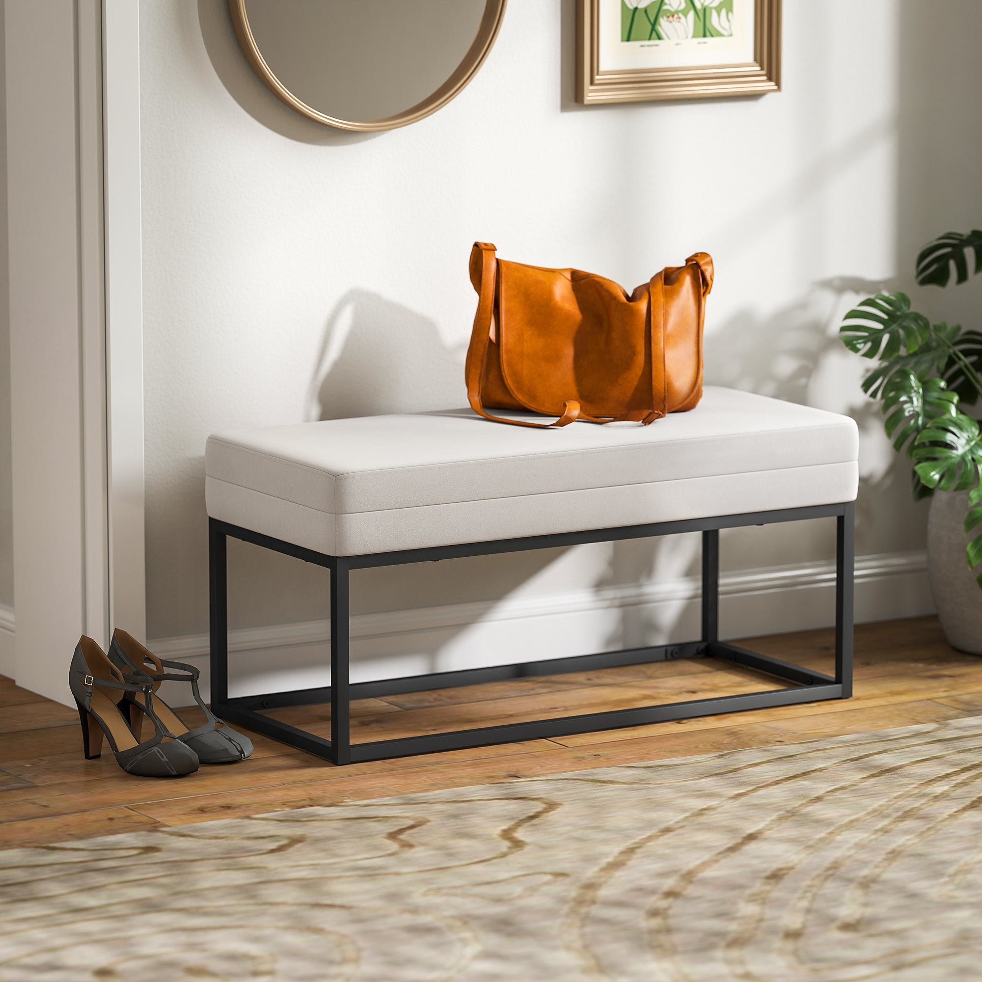 Modern Steel, Sponge and Velvet Fabric Entrance Bench with Adjustable Feet, 94x42x44 cm, Cream