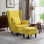 Contemporary Style Armchair with Footstool, in Linen Effect Fabric and Rubber Wood, 75x83x104 cm, Yellow