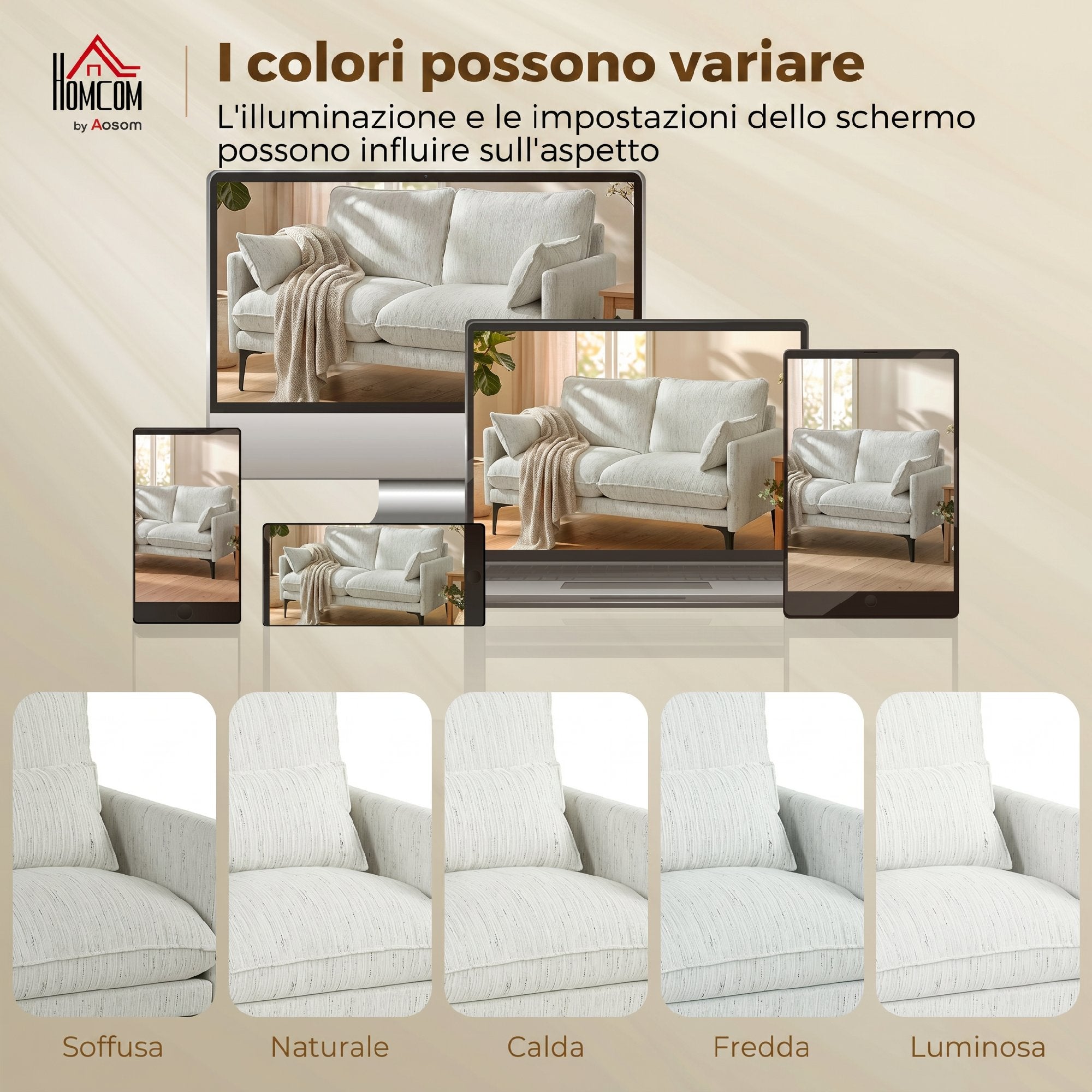 HOMCOM 2-Seater Fabric Sofa with Armrests, Thick Padding and 2 Cushions, 131x78x83 cm, White