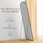 Modern Floor and Wall Mirror in Aluminum Alloy with Folding Stand, 50x161.5cm, Black - Borgè