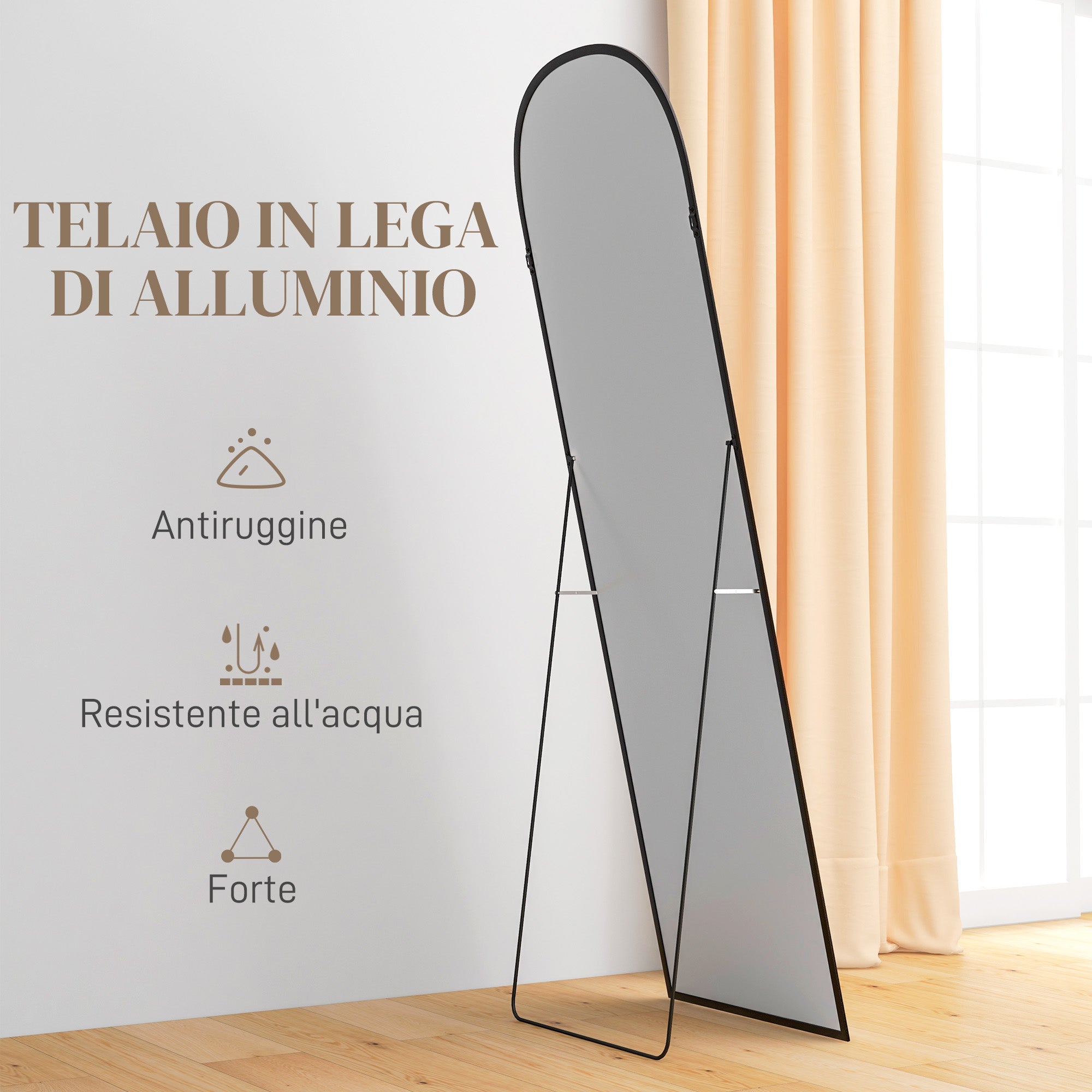Modern Floor and Wall Mirror in Aluminum Alloy with Folding Stand, 50x161.5cm, Black - Borgè
