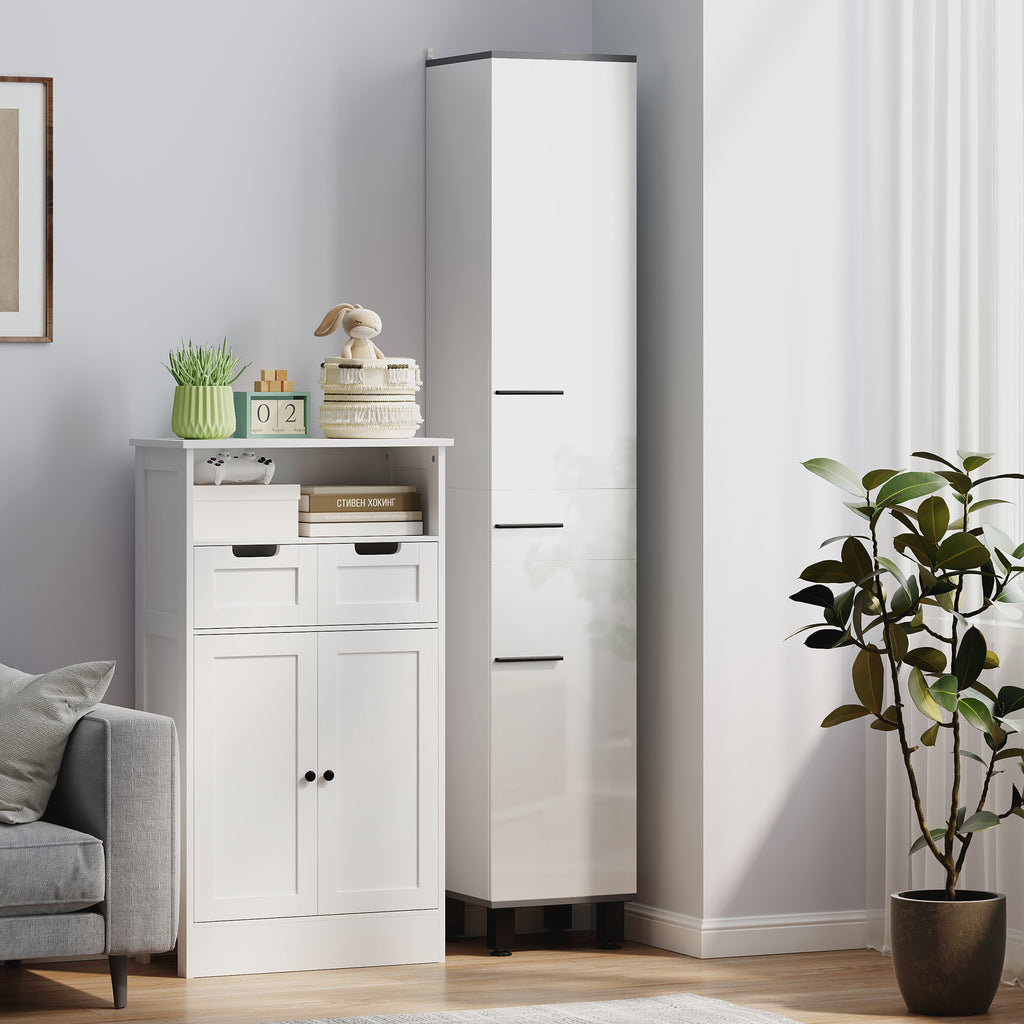 Bathroom Column Cabinet with 2 Cabinets with Adjustable Shelves and Drawer, 34x32x190 cm, White