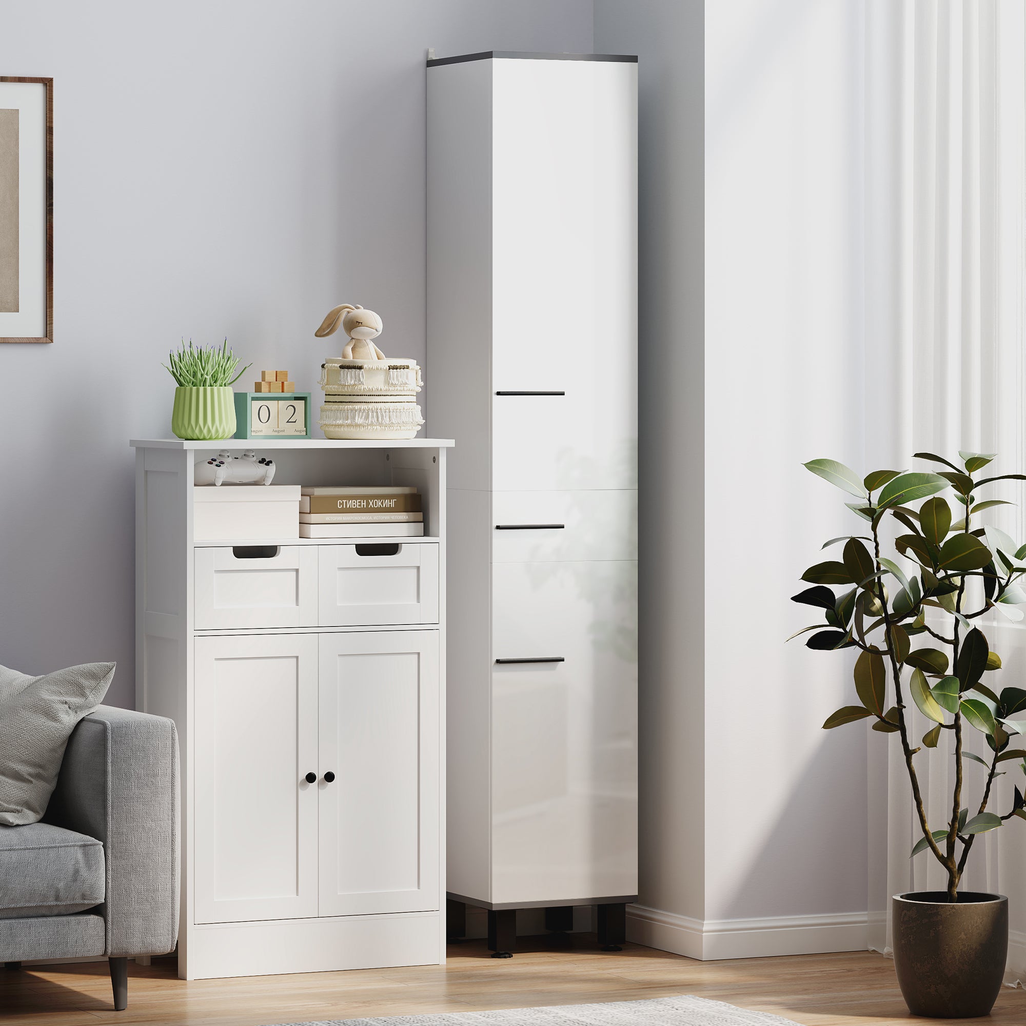 Bathroom Column Cabinet with 2 Cabinets with Adjustable Shelves and Drawer, 34x32x190 cm, White