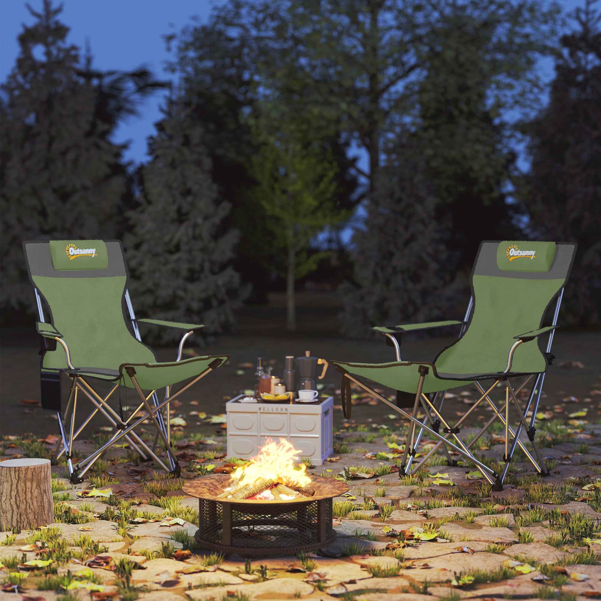 Outsunny Set of 2 Folding Camping Chairs with Footrest and Cup Holder, 82x50/100x88 cm, Green