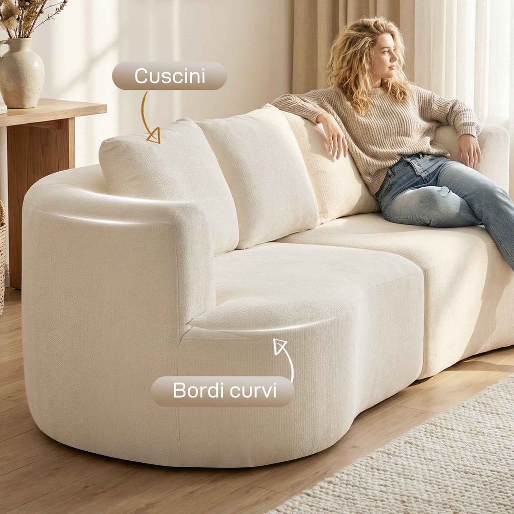 3-seater modular sofa with wide seat and chenille cushions, 260 cm, Cream