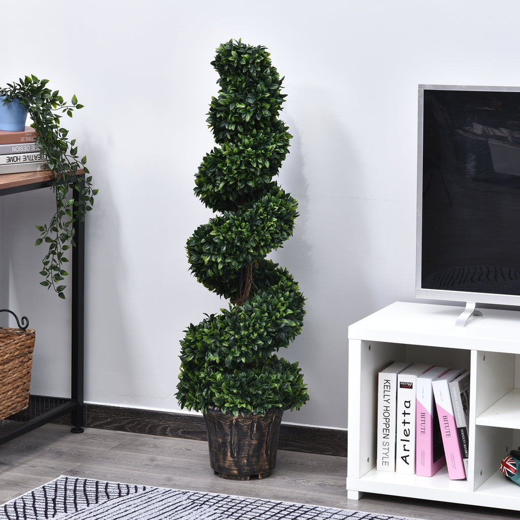 Outsunny 120cm Artificial Boxwood Spiral Indoor Plant, Indoor and Outdoor Artificial Plant with Pot Included, Fake Plant for Home, Office, Living Room, Garden Decoration, Green