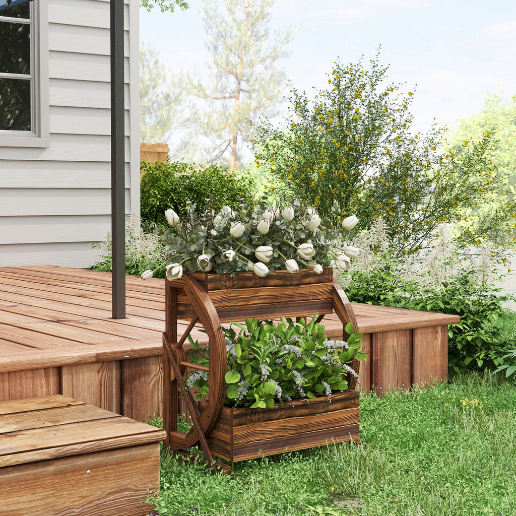 Outsunny Wooden Wood Fioriera at 2 levels with 3 vases and Country style wagon wheels, 55x32x56cm - Borgè