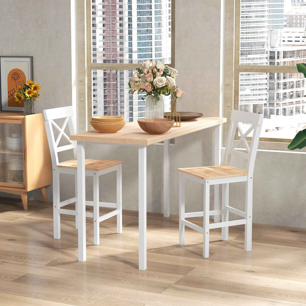HOMCOM Set of 2 Bar Stools, High Back Kitchen Stools with Footrest, Pine Wood, Natural and White