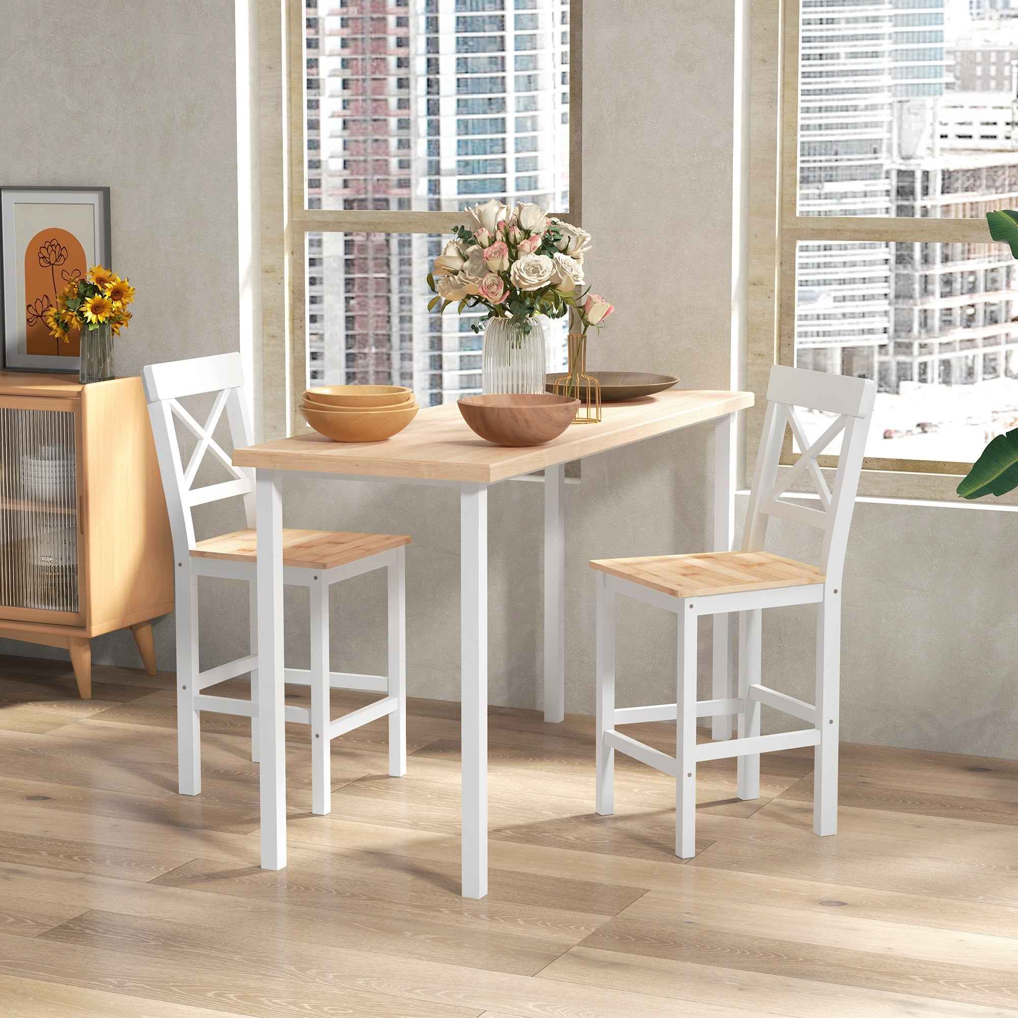 HOMCOM Set of 2 Bar Stools, High Back Kitchen Stools with Footrest, Pine Wood, Natural and White