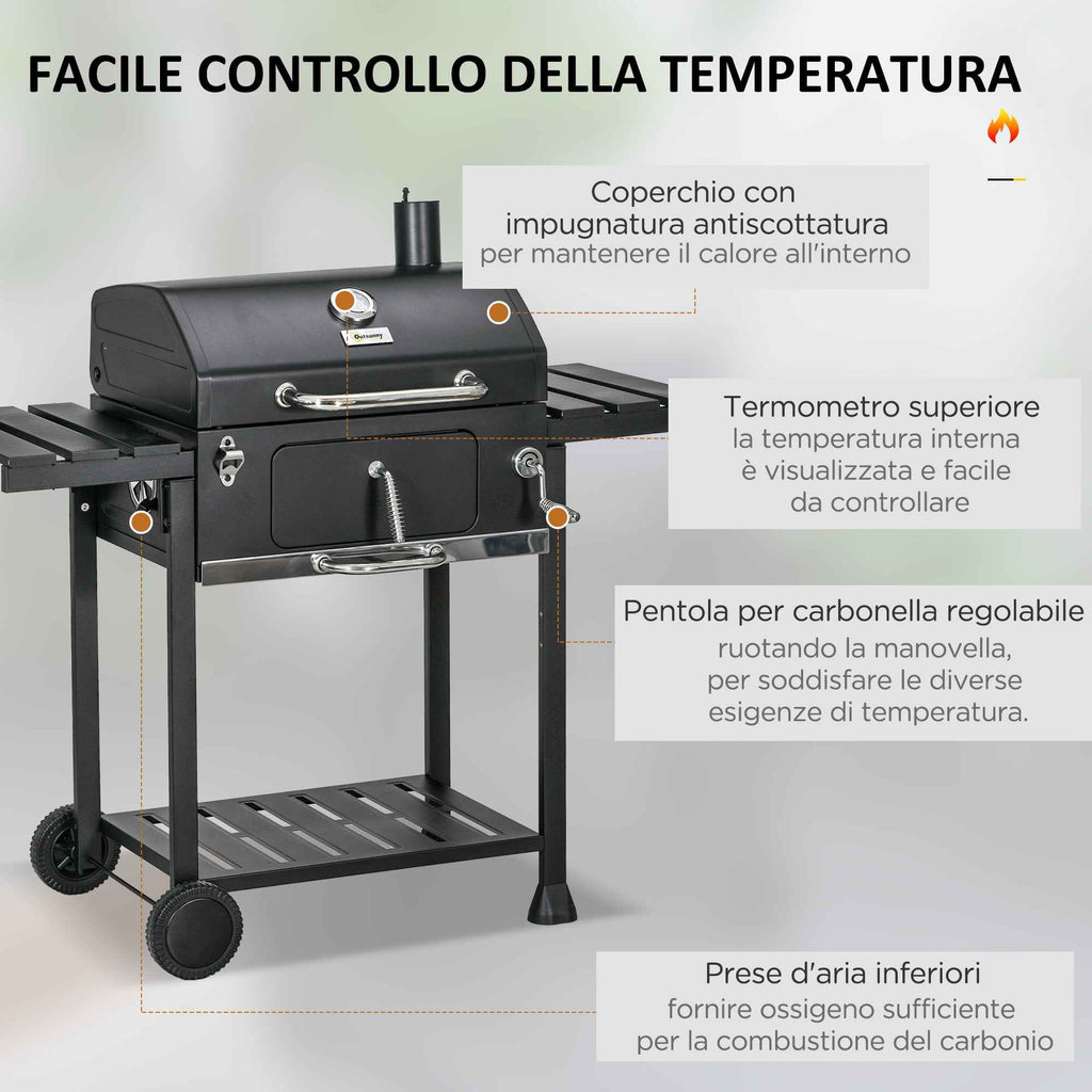 Outsunny Charcoal Barbecue with Lid, Thermometer, Adjustable Grill, Wheels and Side Tables, Black