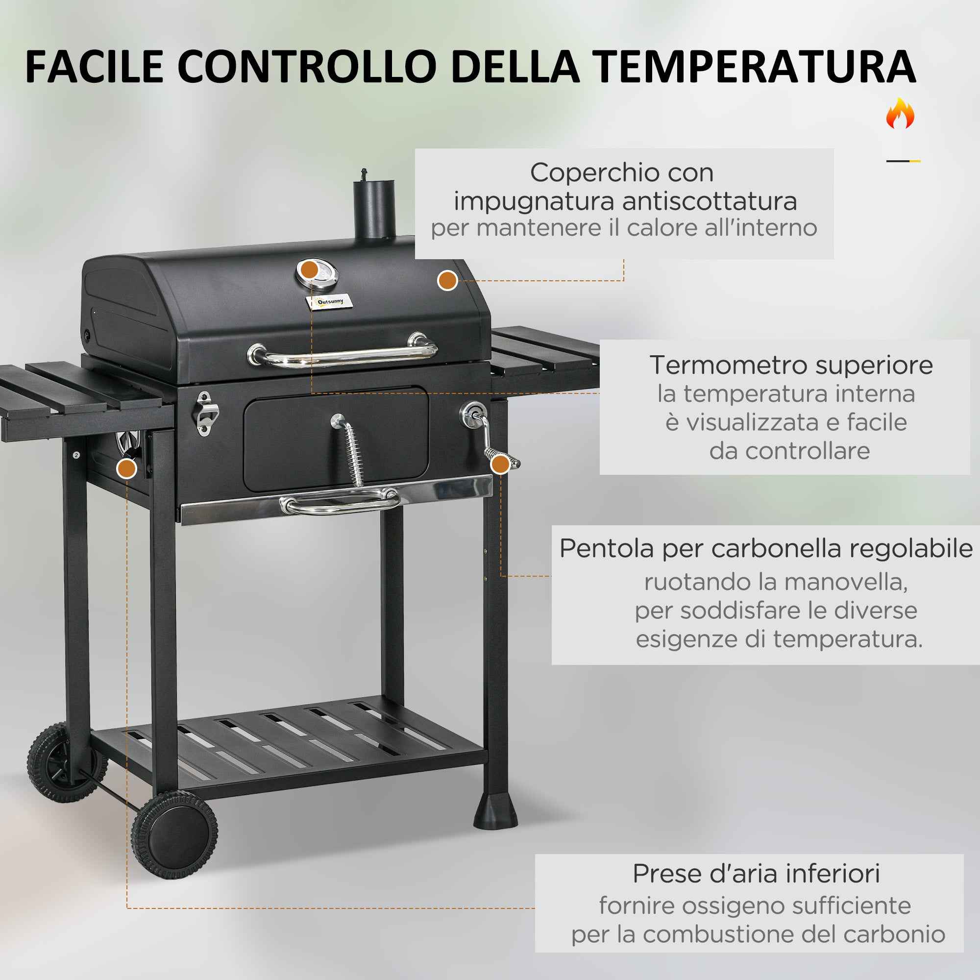 Outsunny Charcoal Barbecue with Lid, Thermometer, Adjustable Grill, Wheels and Side Tables, Black