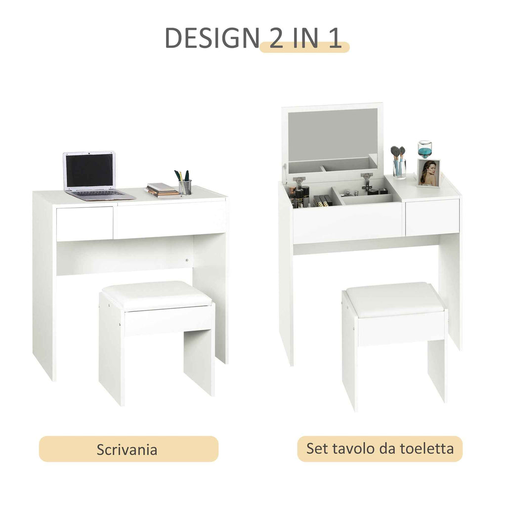 HOMCOM Vanity Table with Folding Mirror, Modern Makeup Table with Stool, 4-Compartment Storage Compartment, White MDF, 80x40x79 cm