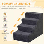 PawHut Portable 4-Step Dog Stairs, Removable Velvet Fabric and Wood, 60x35x44 cm, Dark Grey