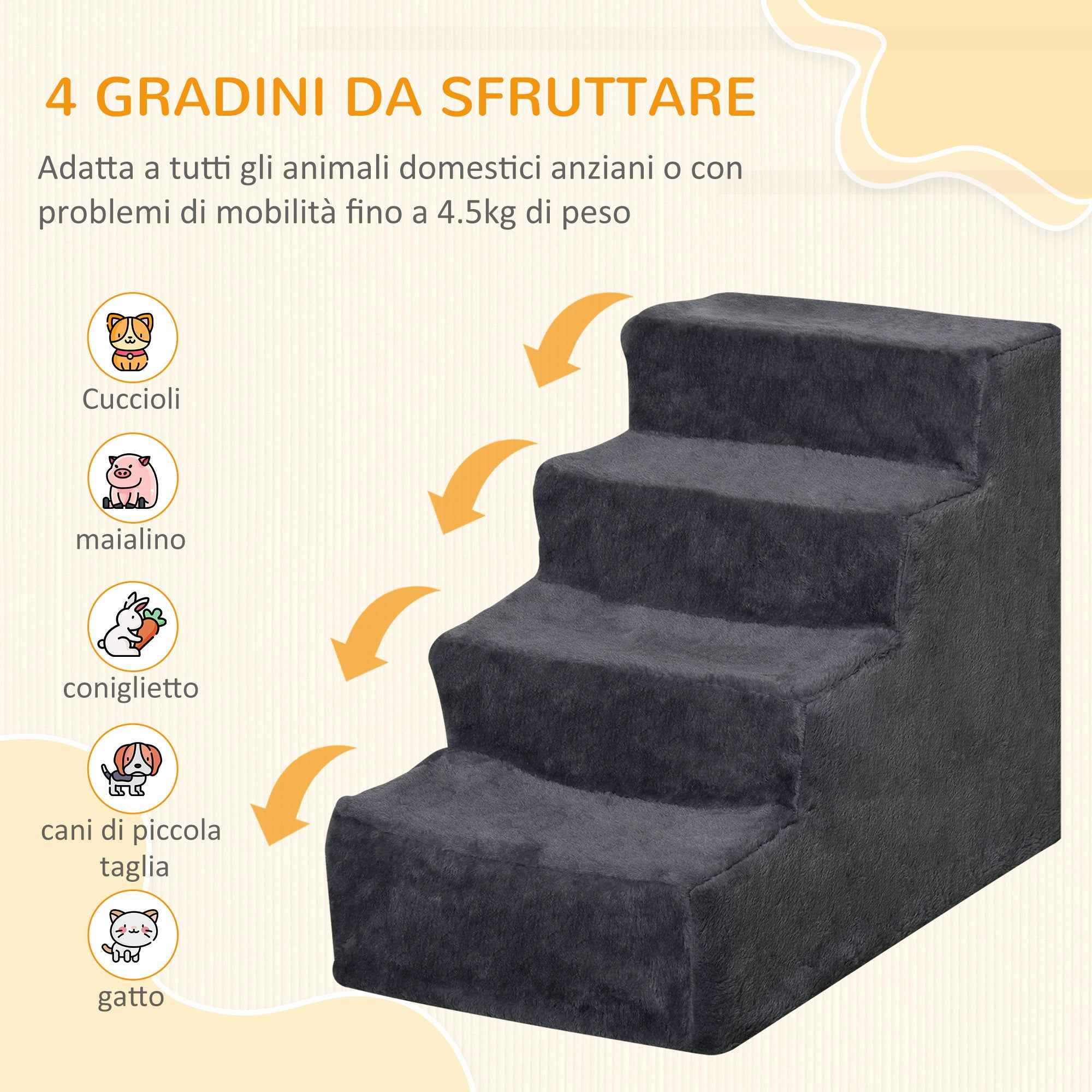 PawHut Portable 4-Step Dog Stairs, Removable Velvet Fabric and Wood, 60x35x44 cm, Dark Grey