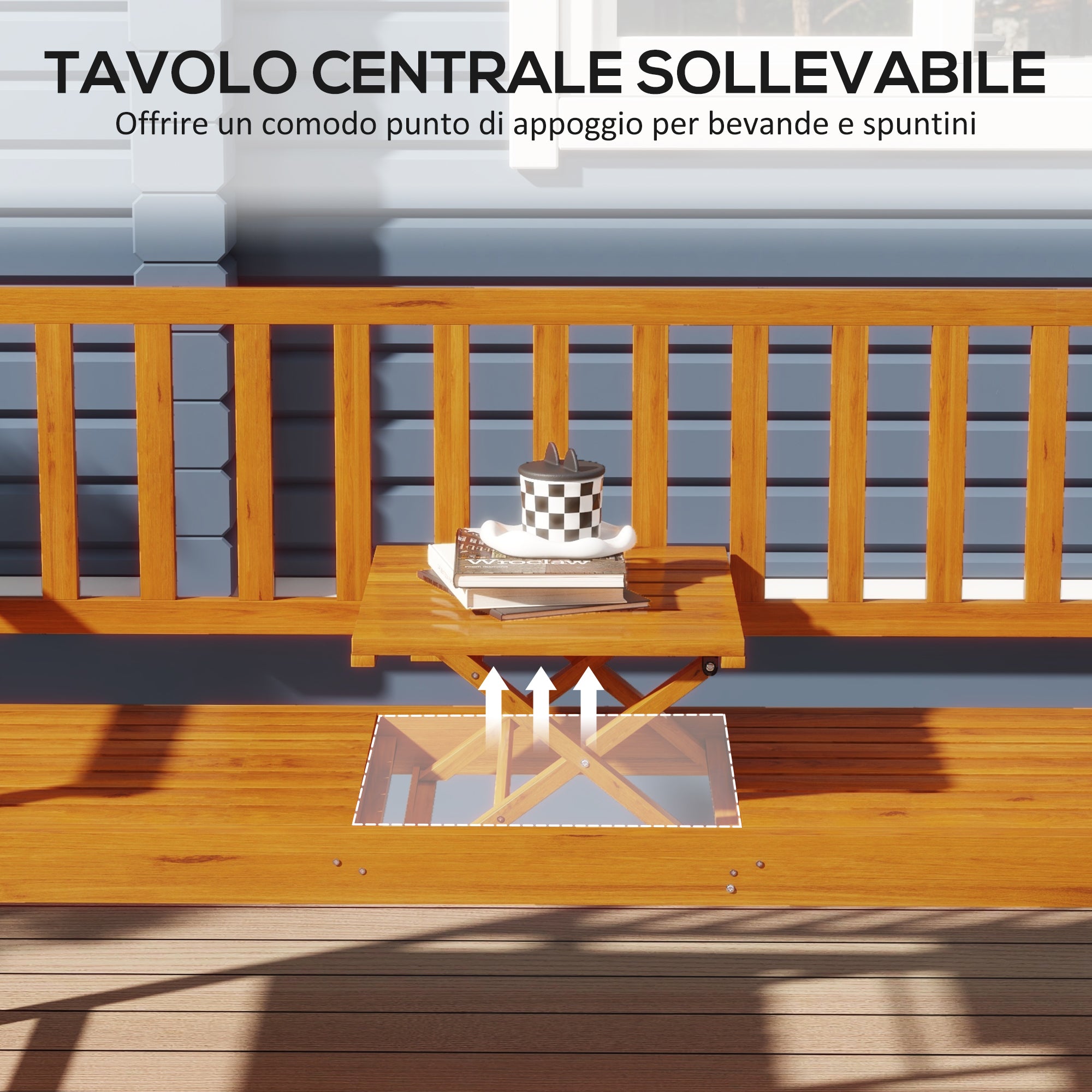 Outsunny Garden Bench with Liftable Central Table and Armrests, Wooden, 153x56x91 cm, Light Brown