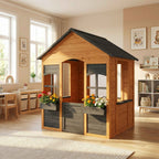 Kids Wooden Playhouse with Flower Pots, for Indoor/Outdoor Play, Ages 3–8, Brown