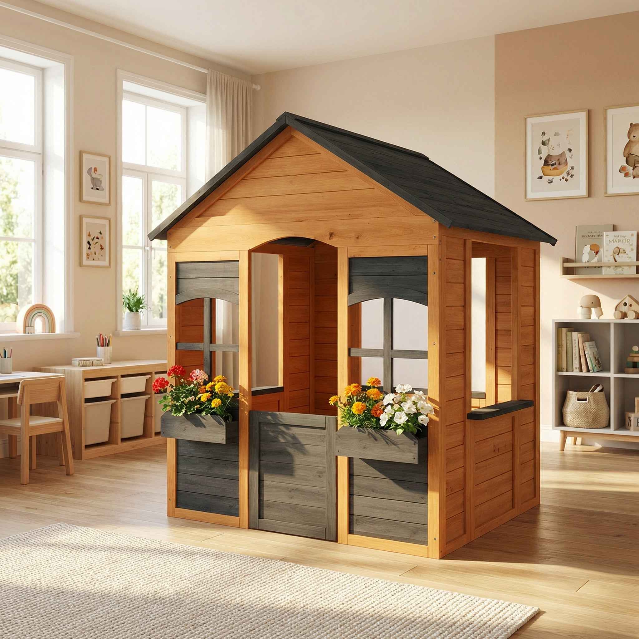 Kids Wooden Playhouse with Flower Pots, for Indoor/Outdoor Play, Ages 3–8, Brown