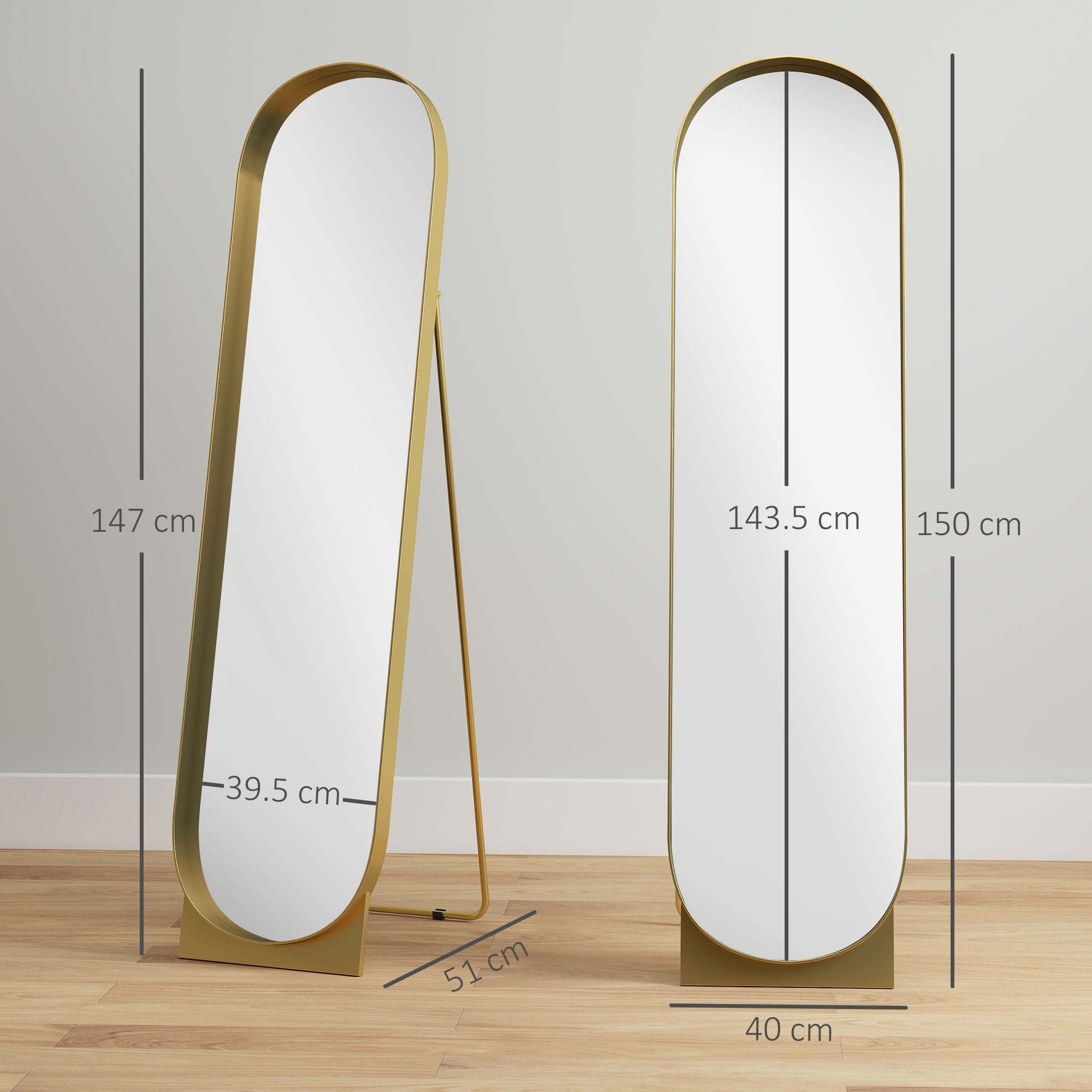 Modern Freestanding or Wall-Mounted Metal Frame Mirror, 40x150cm, Gold