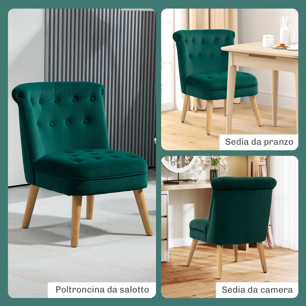 Velvet Lounge Chair with Padded and Quilted Seat with Buttons, 60x66x79 cm, Green
