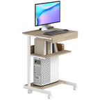 PC Desk with Sliding Drawer, 2 Shelves and 4 Wheels, in Wood and Metal, 56x51x79 cm, White and Oak
