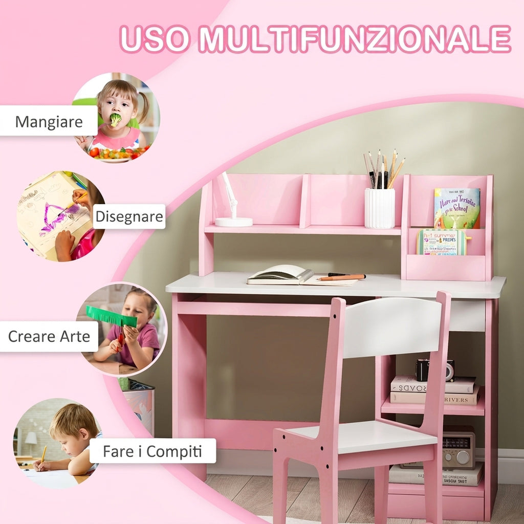 ZONEKIZ Children's Desk Table for 5-8 Years Old with Chair, Bookshelf, Pull-Out Shelf and Drawer, Pink